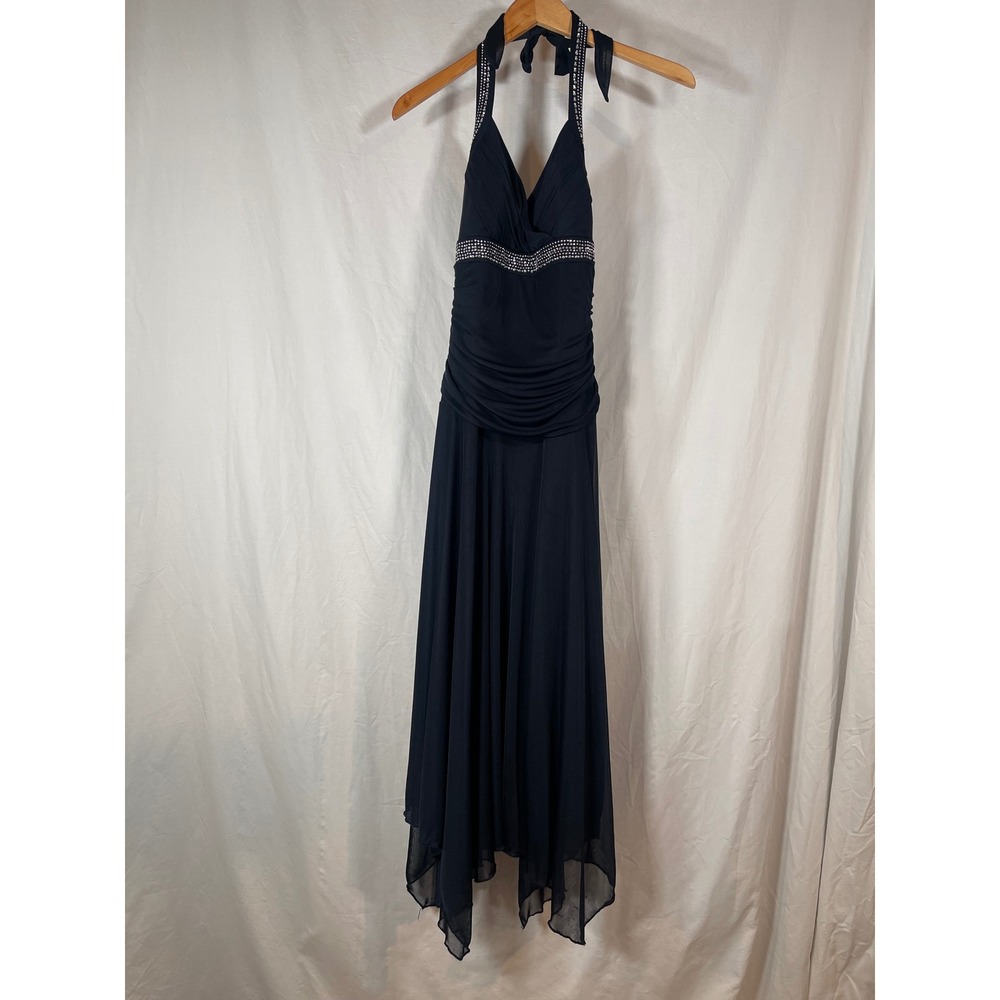 Trixxi Navy Blue Halter Formal Dress Rhinestone Ruched Handkerchief Hem Size M